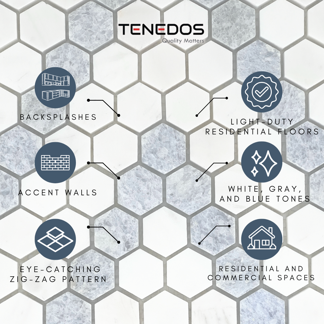 Tenedos Suzi Marble Hexagon Polished Marble Mesh-Mounted Mosaic Tile