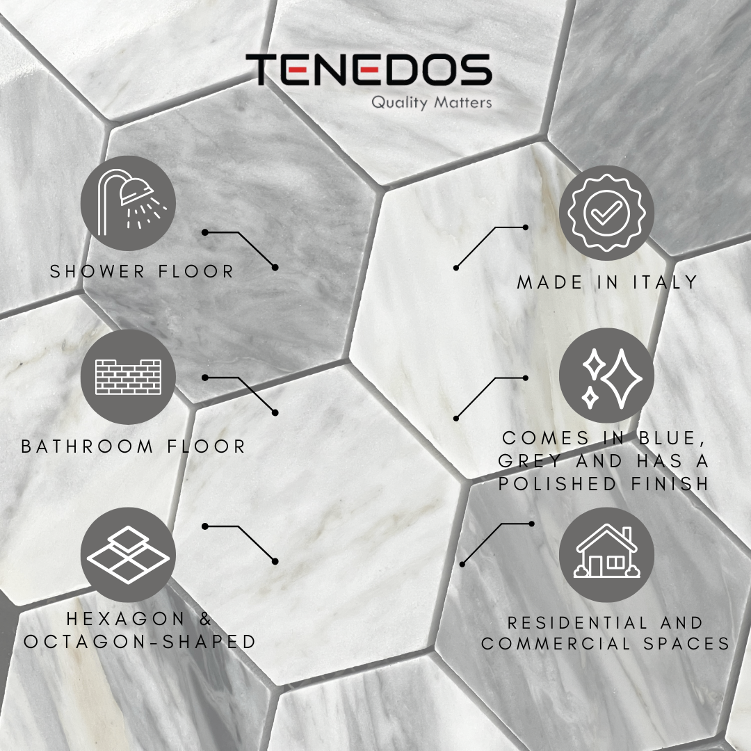 Tenedos Hematite Calacatta Hexagon Polished Marble Mosaic Tile