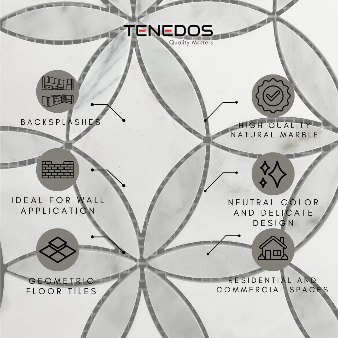 Tenedos HTC191 Snow Petal Polished Marble Mesh-Mounted Mosaic Tile