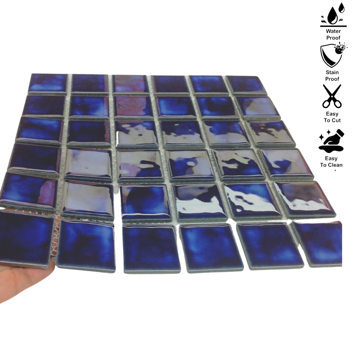 Square Marble Blue Porcelain Mosaic Floor Wall Pool Tile Shiny Look 2x2  (Box of 5.44 Sq Ft)