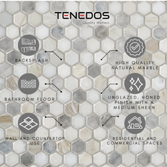 Tenedos Moonstone Hexagon 1 in. Multi Finish Marble Mosaic Tile- 1 piece