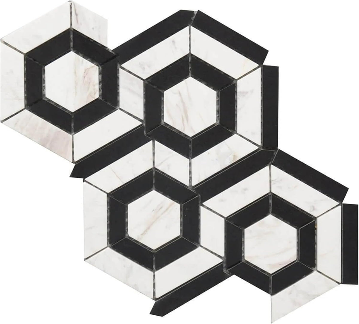 Tenedos 9x12 Marble Hexagon Mosaic Tile – White & Black Natural Geometric Floor and Wall