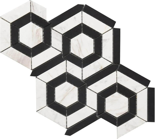 Tenedos HTCRC 9x12 Marble Hexagon Mosaic Tile – White & Black Natural Marble Geometric Floor and Wall Tile