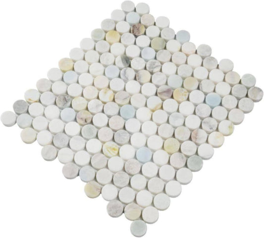 Aurora Pearl Round Marble Mosaic Tile – Polished Natural Stone Sheet for Bathroom, Kitchen Backsplash, and Shower Accent