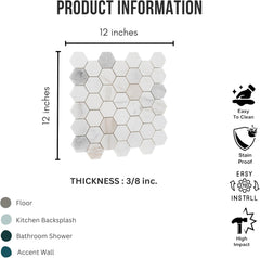 Tenedos Bianco Orion Hexagon Polished Marble Mosaic Tile 2" Natural Stone 12x12 Sheet for Bathroom Kitchen Wall and Floor Decoration – Elegant White with Subtle Gray and Gold Veins (5 Sheets)