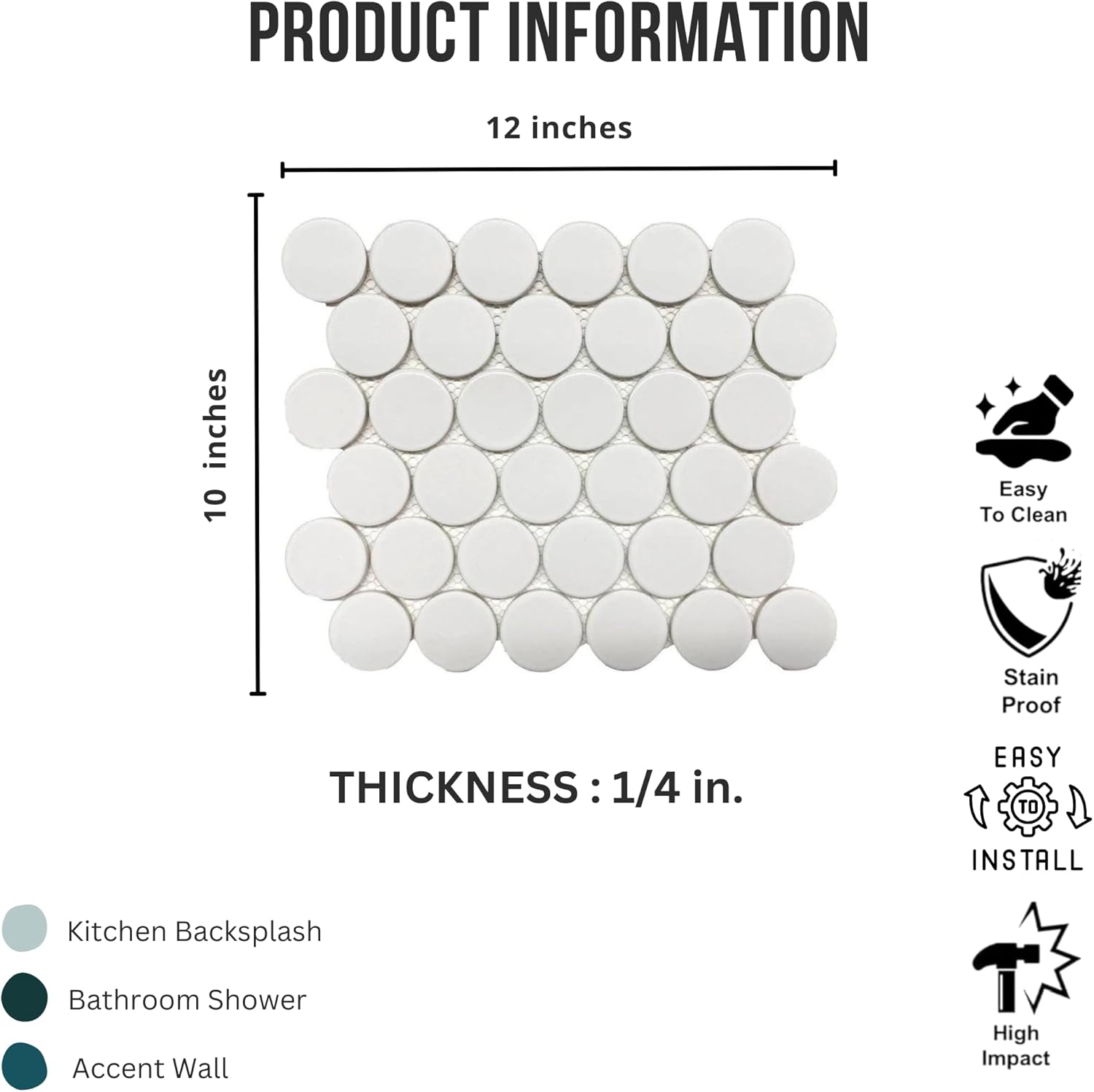 Tenedos HTCRC White 2" Glossy Grande Penny Round Porcelain Mosaic Tile for Bathroom, Shower, Kitchen Backsplash, Wall, Floor, Café, Restaurant, Commercial Space
