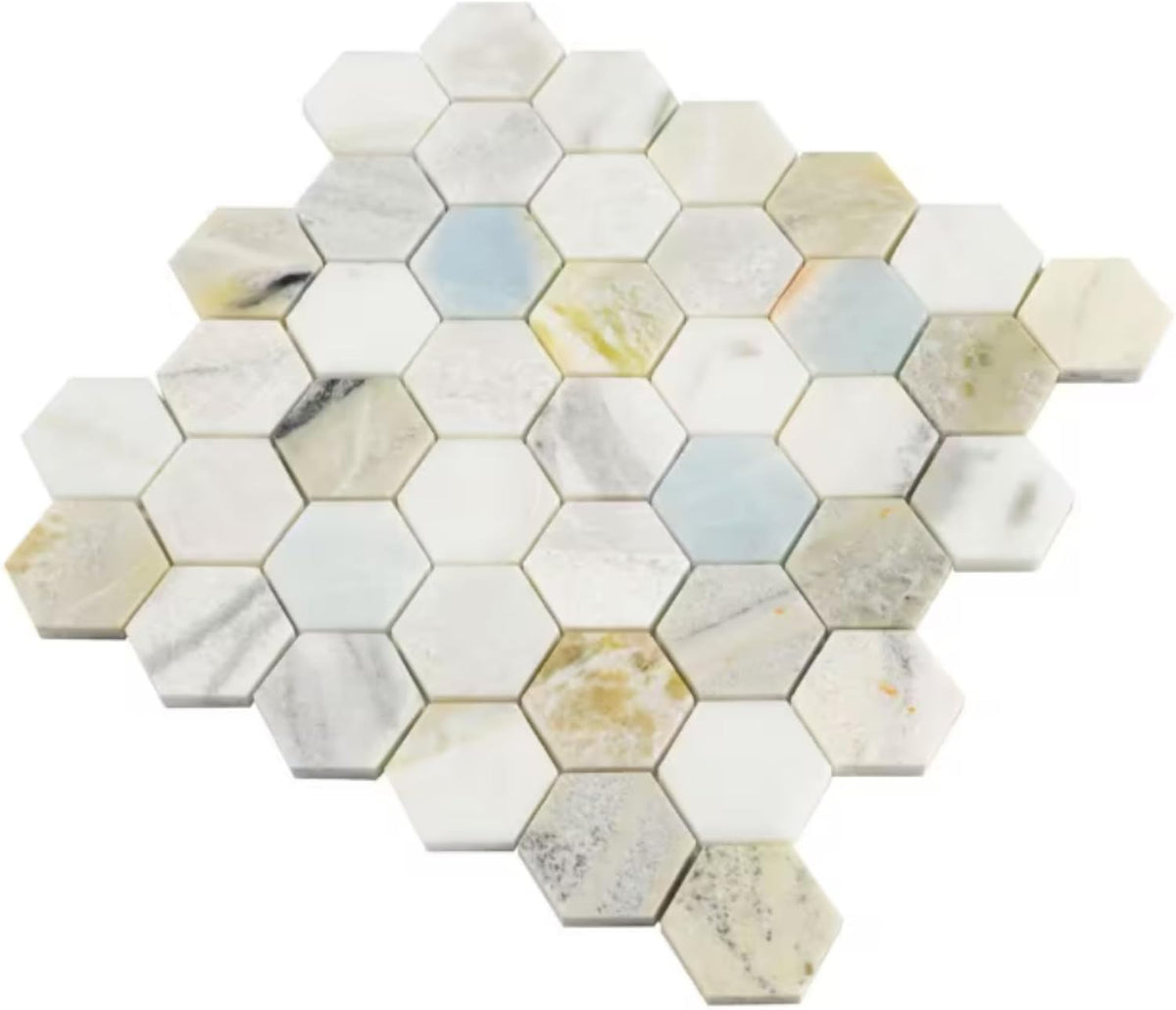 Aurora Mist 2" Hexagon Polished Marble Mosaic Tile – Natural Stone Floor and Wall Tile for Bathroom, Kitchen Backsplash, and Shower Accent