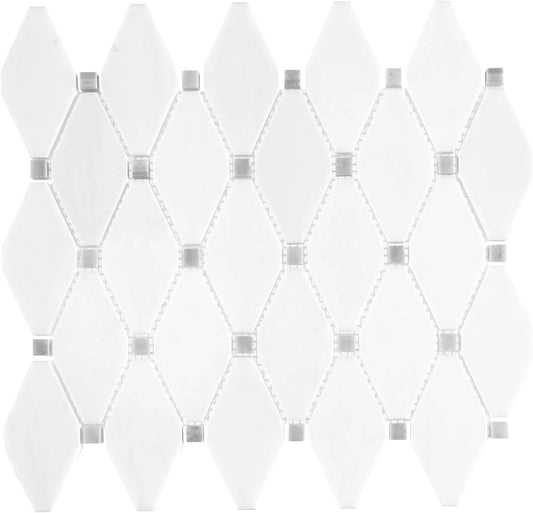 Tenedos HTCFD White Dolomite Diamond Marble Mosaic Tile Polished Finish for Bathroom, Kitchen Backsplash, Shower & Indoor Use – Natural Stone Dolomite Mosaic (1 Sheet)