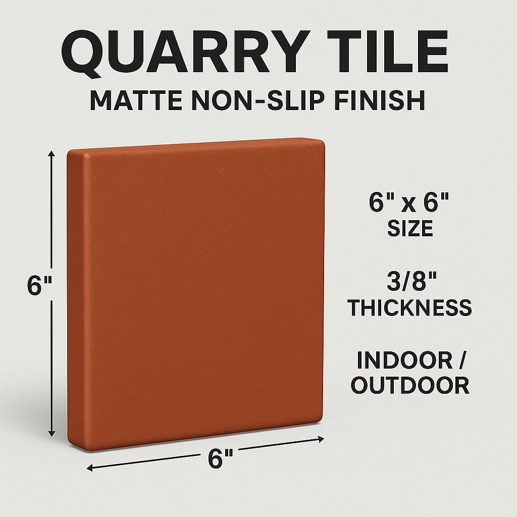 6x6 Colonial Red Smooth Quarry Tile – Durable Ceramic Floor Wall Tile Indoor and Outdoor Use,Matte Finish, Non-Slip Surface, Great For Restaurant Hotel Kitchen Spa, Premium Grade- 44 Tile Box