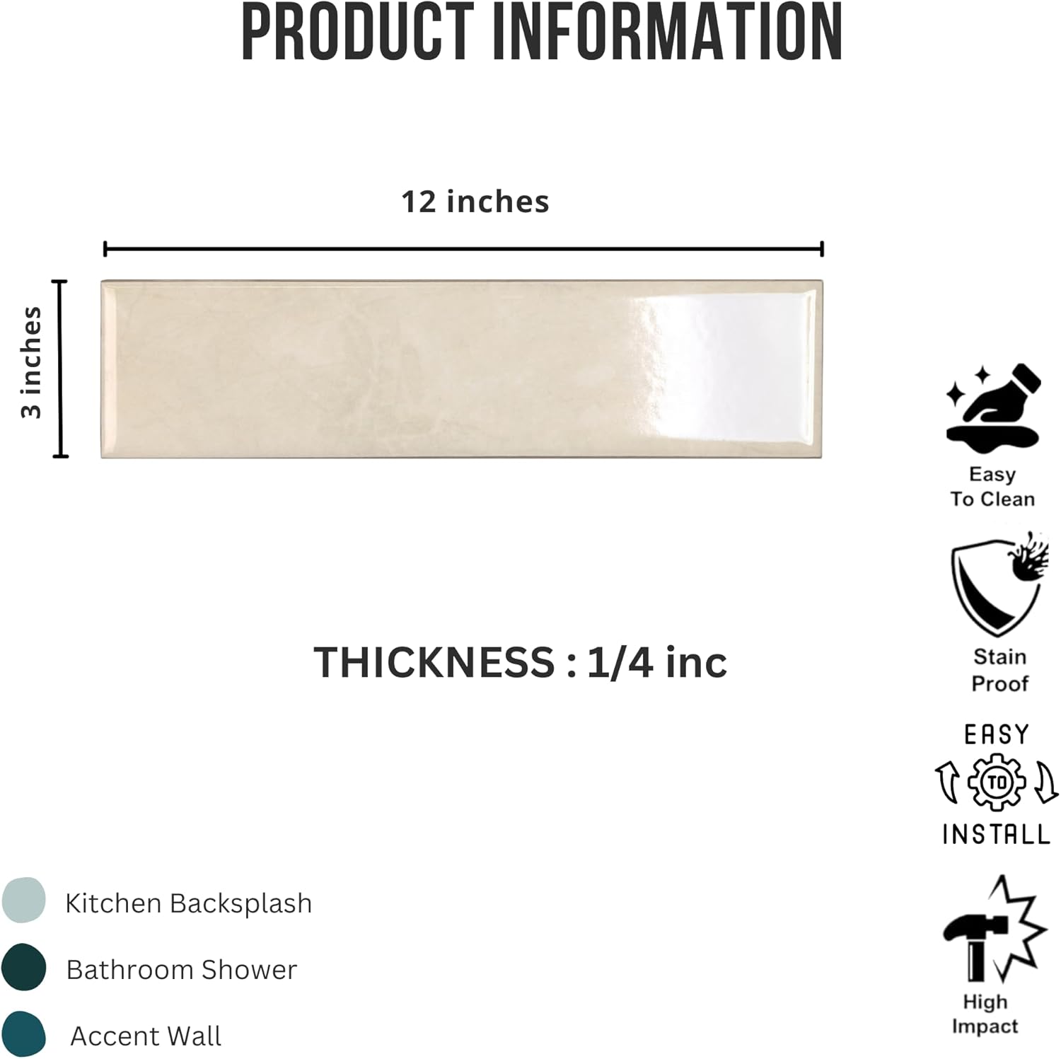 Tenedos HTCRC  3x12 Glossy Porcelain Subway Tile – Stone Look Wall Tile for Kitchen Backsplash, Bathroom & Shower Walls