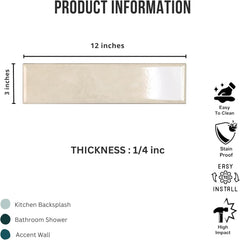 Tenedos HTCRC  3x12 Glossy Porcelain Subway Tile – Stone Look Wall Tile for Kitchen Backsplash, Bathroom & Shower Walls