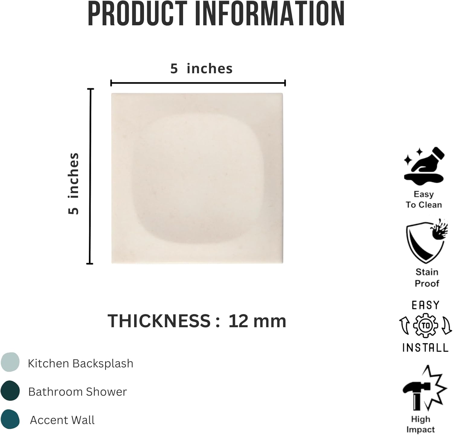Tenedos HTCFD 5x5 Beige Dimensional Square Ceramic Tile – 10 Piece Set, Textured Sculpted Center Design for Bathroom Walls, Kitchen Backsplash