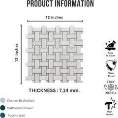Tenedos HTCRC Bianco Carrara Basket Weave Marble Interlocking Mosaic Tile | 11 x 12 Inch Mesh-Mounted White Marble | Kitchen Backsplash Bathroom Shower Accent Wall
