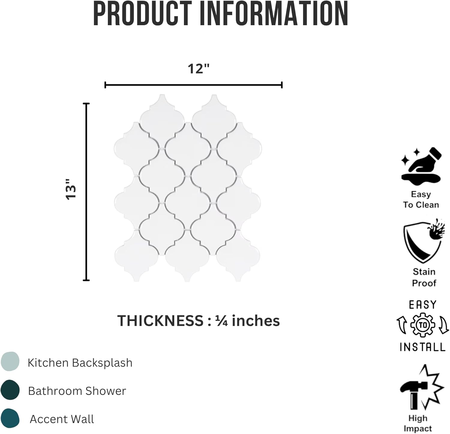 Tenedos Crystal Glow Glossy White Arabesque Porcelain Mosaic Tile 12x13 in for Kitchen Backsplash Bathroom Wall Shower Fireplace Accent