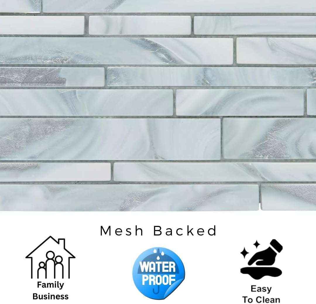 Modern Linear Glass Mosaic Tile in Silver Gray – Elegant Wall Accent for Kitchen & Bath