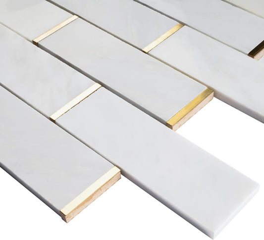2x6 White and Gold Metal Stainless Steel & Marble Tile – Polished Finish, 1 Sheet for Backsplash & Wall Decor