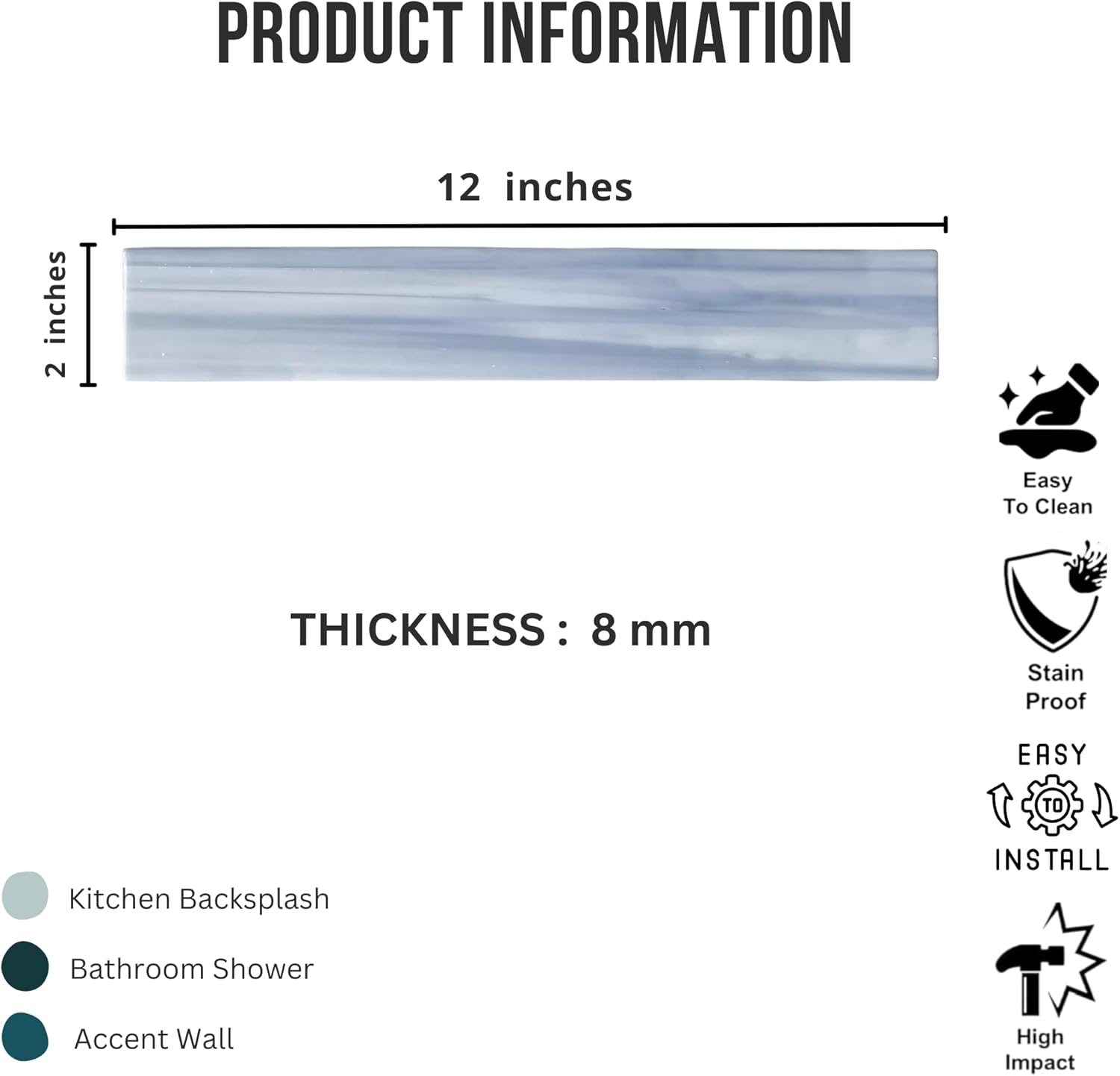 Tenedos HTCFD 2x12 Polished Blue Swirl Glass Wall Tile, Marble-Effect Linear Design, Straight Edge Decorative Tile for Backsplash and Shower Walls