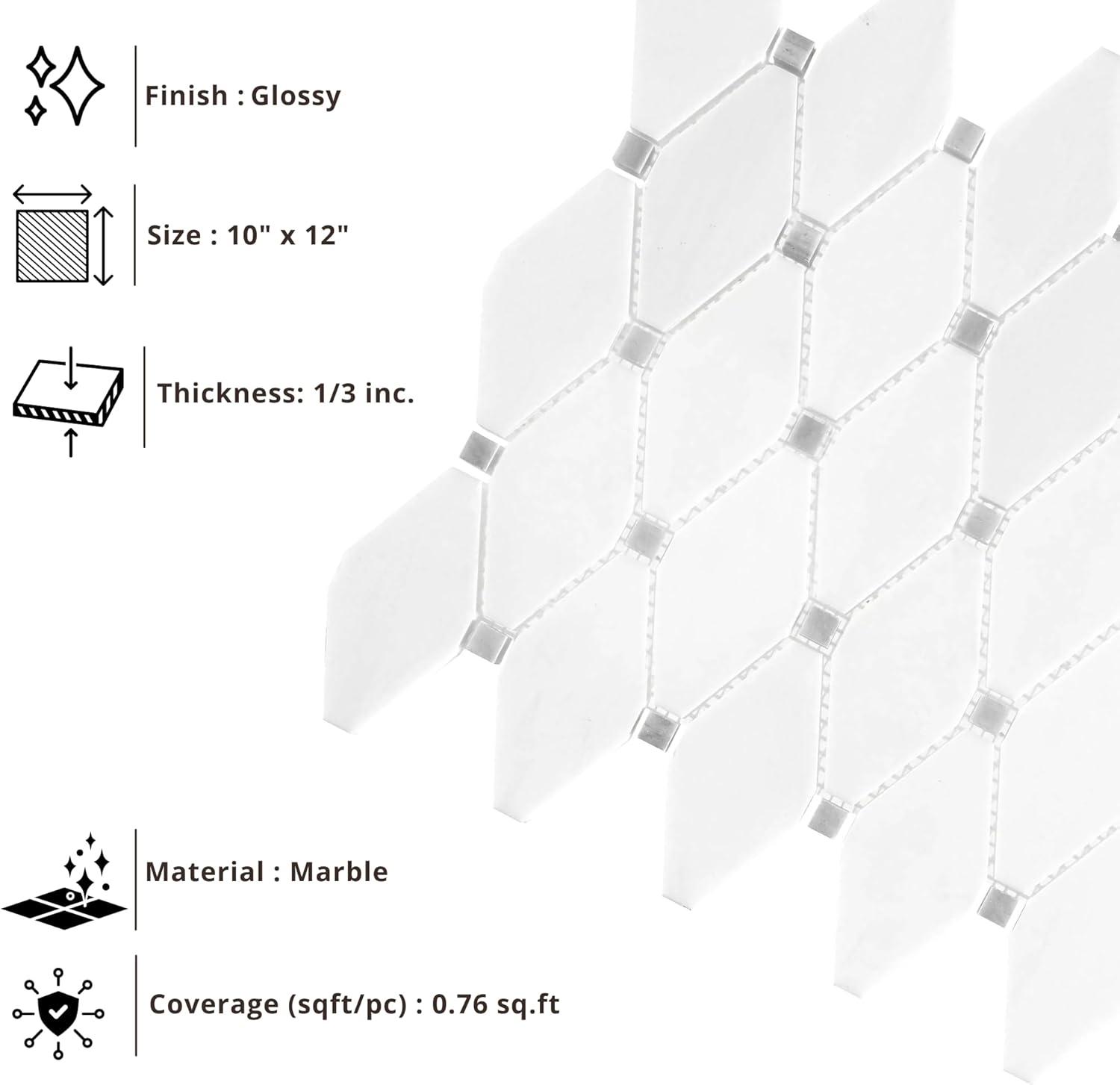 Tenedos HTCFD White Dolomite Diamond Marble Mosaic Tile Polished Finish for Bathroom, Kitchen Backsplash, Shower & Indoor Use – Natural Stone Dolomite Mosaic (1 Sheet)