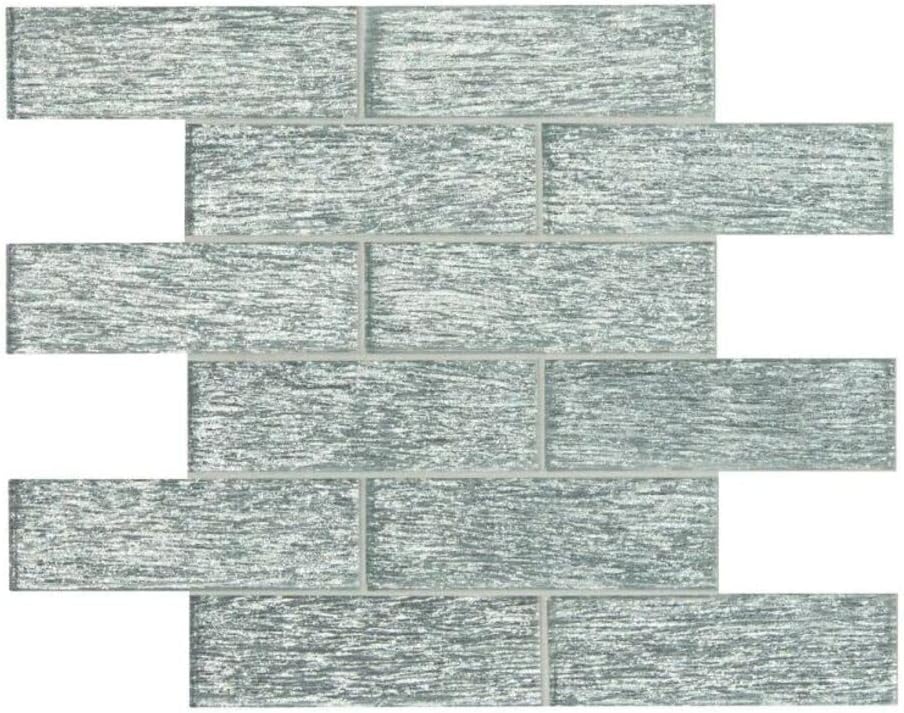 Glitter Silver Decorative Glass Accent Panel – 2x6 Textured Brick Design – 1 Sheet
