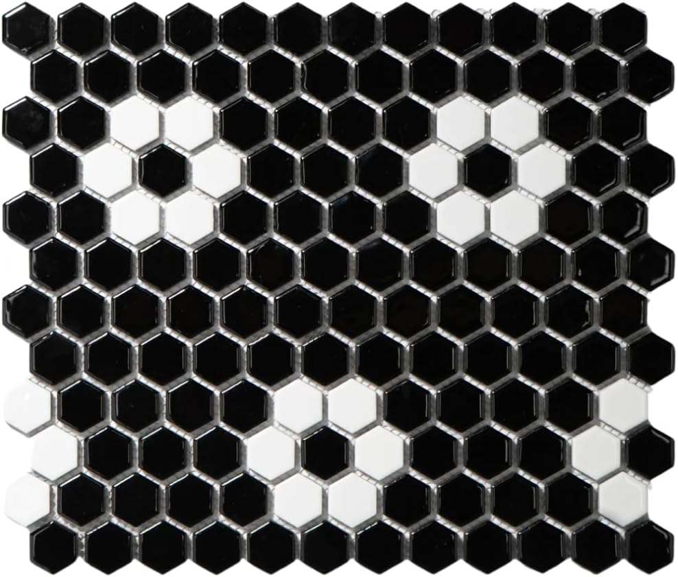 Tenedos Hexagon Glossy Black and White Flower Porcelain Mosaic Tile – Kitchen Backsplash, Bathroom Wall & Shower Floor Tile