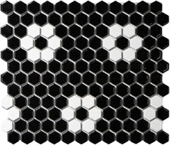 Tenedos Hexagon Glossy Black and White Flower Porcelain Mosaic Tile – Kitchen Backsplash, Bathroom Wall & Shower Floor Tile