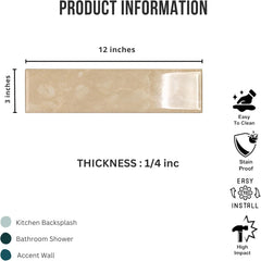 Tenedos HTCRC  3x12 Glossy Porcelain Subway Tile – Stone Look Wall Tile for Kitchen Backsplash, Bathroom & Shower Walls