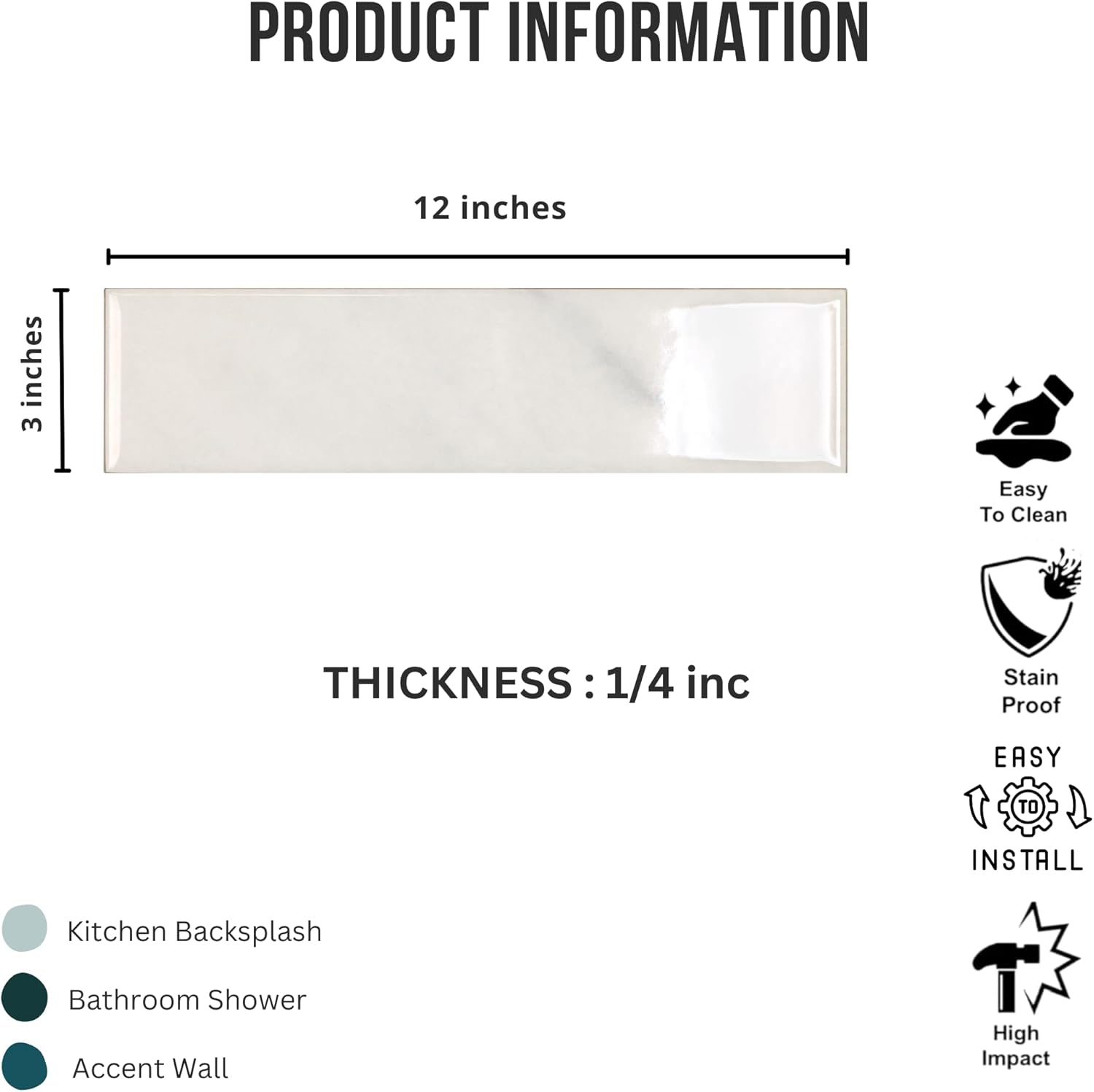 Tenedos HTCRC  3x12 Glossy Porcelain Subway Tile – Stone Look Wall Tile for Kitchen Backsplash, Bathroom & Shower Walls