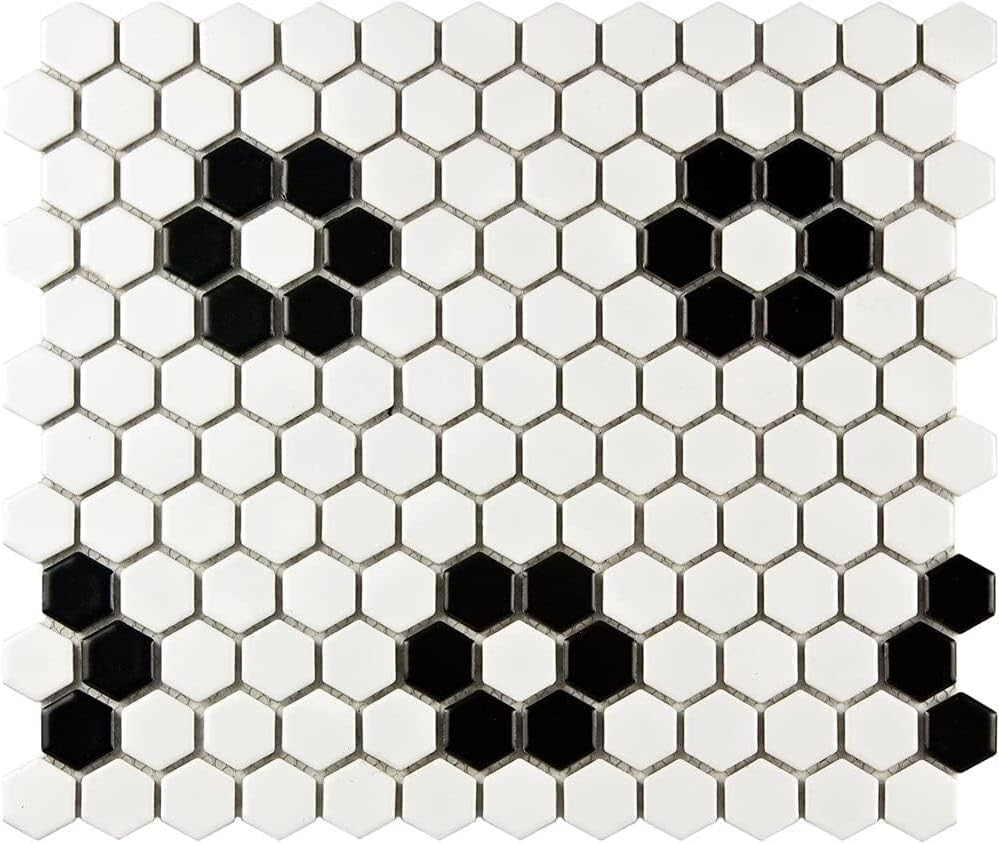 Modern White and Black Hexagon Flower Porcelain Mosaic - Bathroom, Kitchen Backsplash & Accent Tile (5 Sheet)