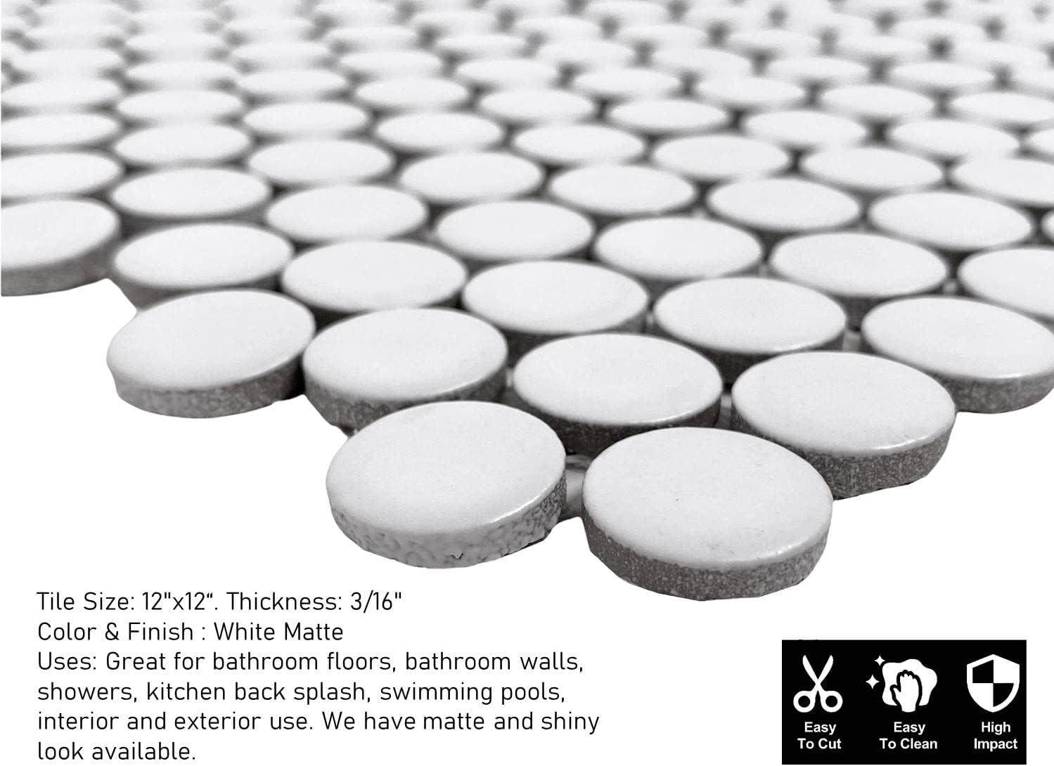 White Penny Round Matte Porcelain Mosaic Tile -  (12x12 sheet)