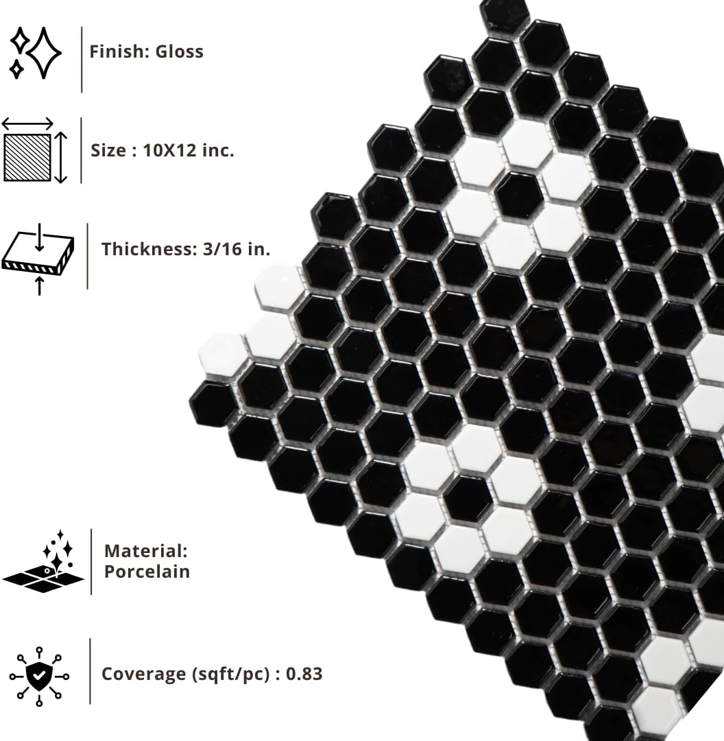 Tenedos Hexagon Glossy Black and White Flower Porcelain Mosaic Tile – Kitchen Backsplash, Bathroom Wall & Shower Floor Tile