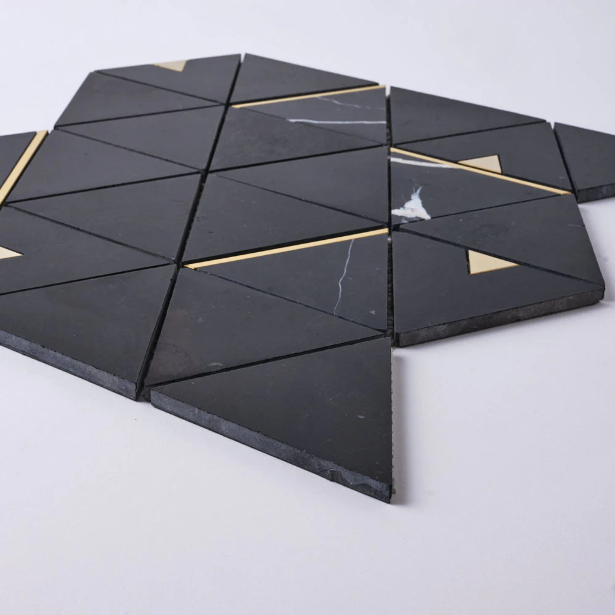 Tenedos HTCRC 12x14 Nero Marquina Triangle Mosaic Tile – Black Marble Look with Gold Metal Inlay, Floor & Wall