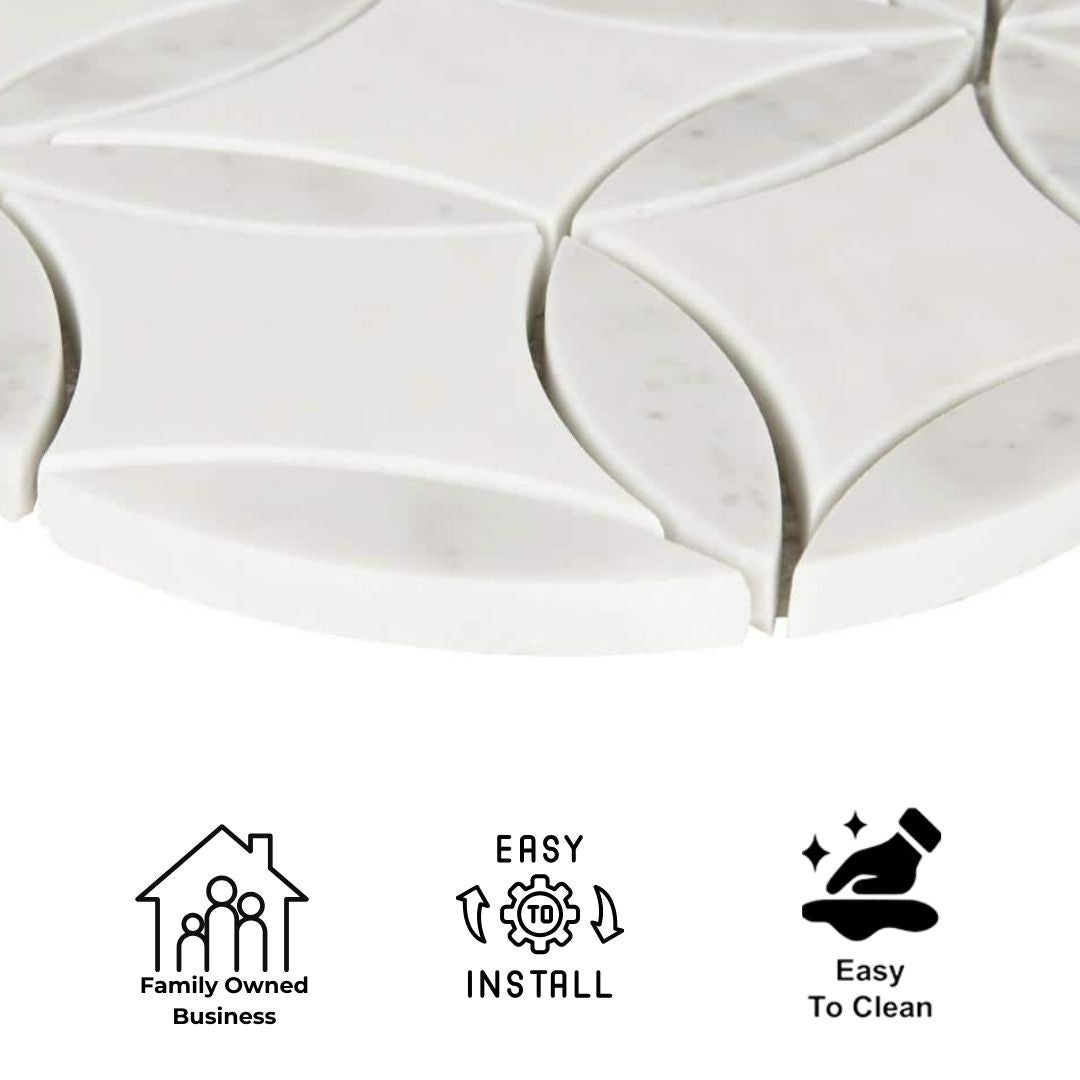 Tenedos HTC191 Snow Petal Polished Marble Mesh-Mounted Mosaic Tile
