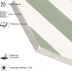 Tenedos Sage Linea 8" x 8" Matte Porcelain Tile for Wall and Floor, Diagonal Stripe Green and White Pattern, Modern Geometric Design, Indoor Outdoor Use