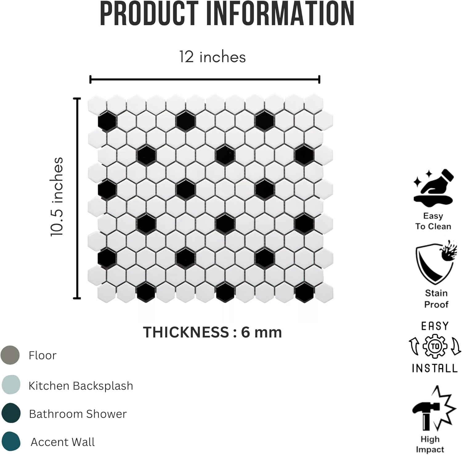 Tenedos White and Black Hexagon Polished Porcelain Mosaic Tile – Classic Glossy Geometric Wall and Floor Tile for Bathroom, Kitchen, and Backsplash (5 Sheets)