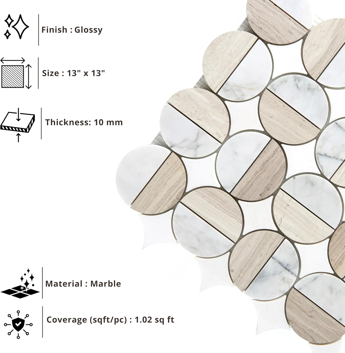 Tenedos Lunar Harmony Circles Marble Mosaic Tile – Polished Multi-Tone Natural Stone Pattern, 13x13 Mesh Sheet for Bathroom Walls, Shower Floors, Kitchen Backsplash (1 Sheet)