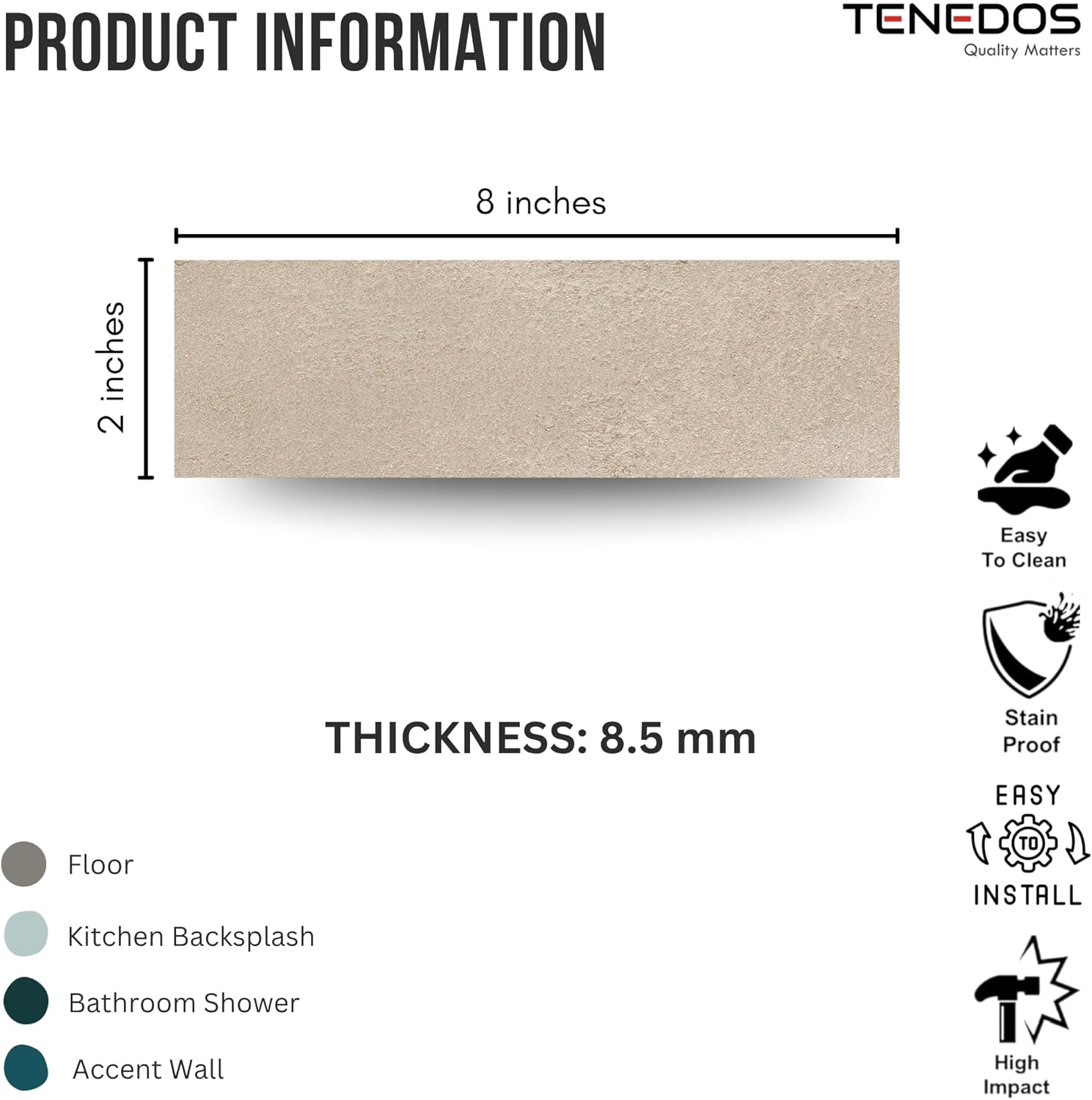 Tenedos Matte Tortora Porcelain Subway Tile – 2"x8" Wall and Floor, Backsplash for Kitchen, Bathroom, Shower, Fireplace Accent - Great for Restaurant Hotel Cafe Spa