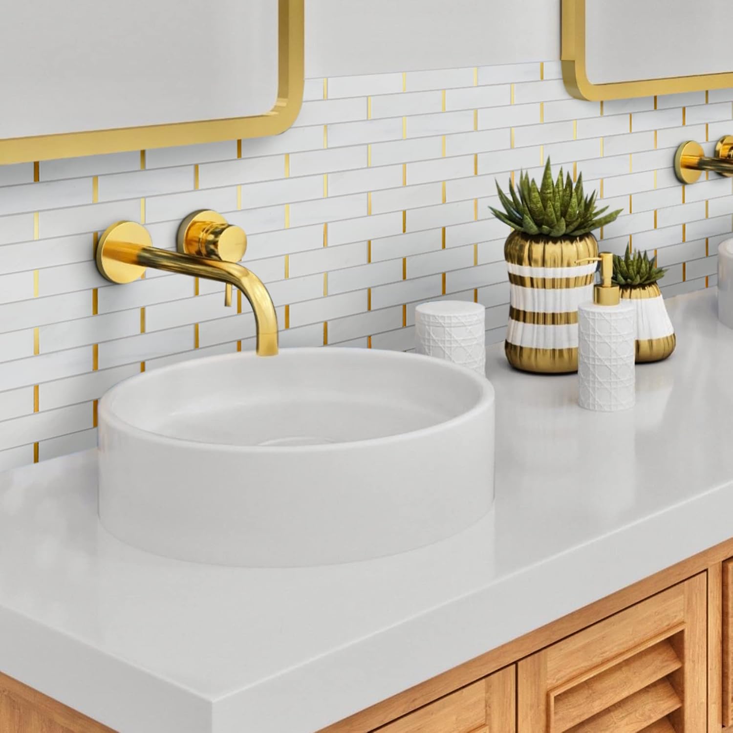 2x6 White and Gold Metal Stainless Steel & Marble Tile – Polished Finish, 1 Sheet for Backsplash & Wall Decor