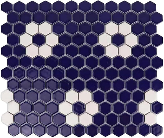 Tenedos Hexagon Glossy Cobalt Blue Flower Porcelain Mosaic Tile – Kitchen Backsplash, Bathroom Wall & Shower Floor Tile