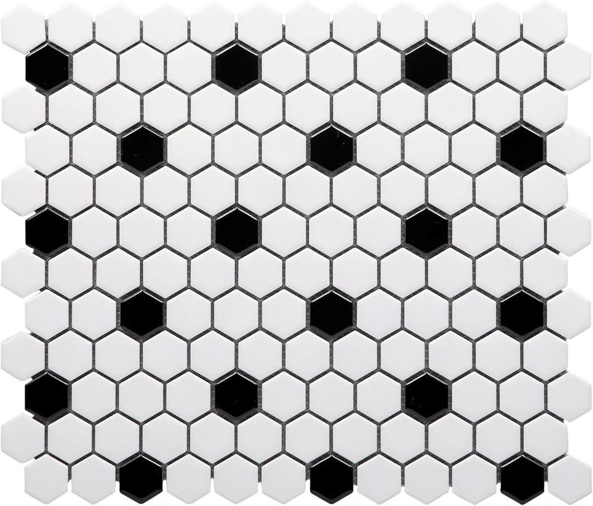Tenedos White and Black Hexagon Polished Porcelain Mosaic Tile – Classic Glossy Geometric Wall and Floor Tile for Bathroom, Kitchen, and Backsplash (5 Sheets)