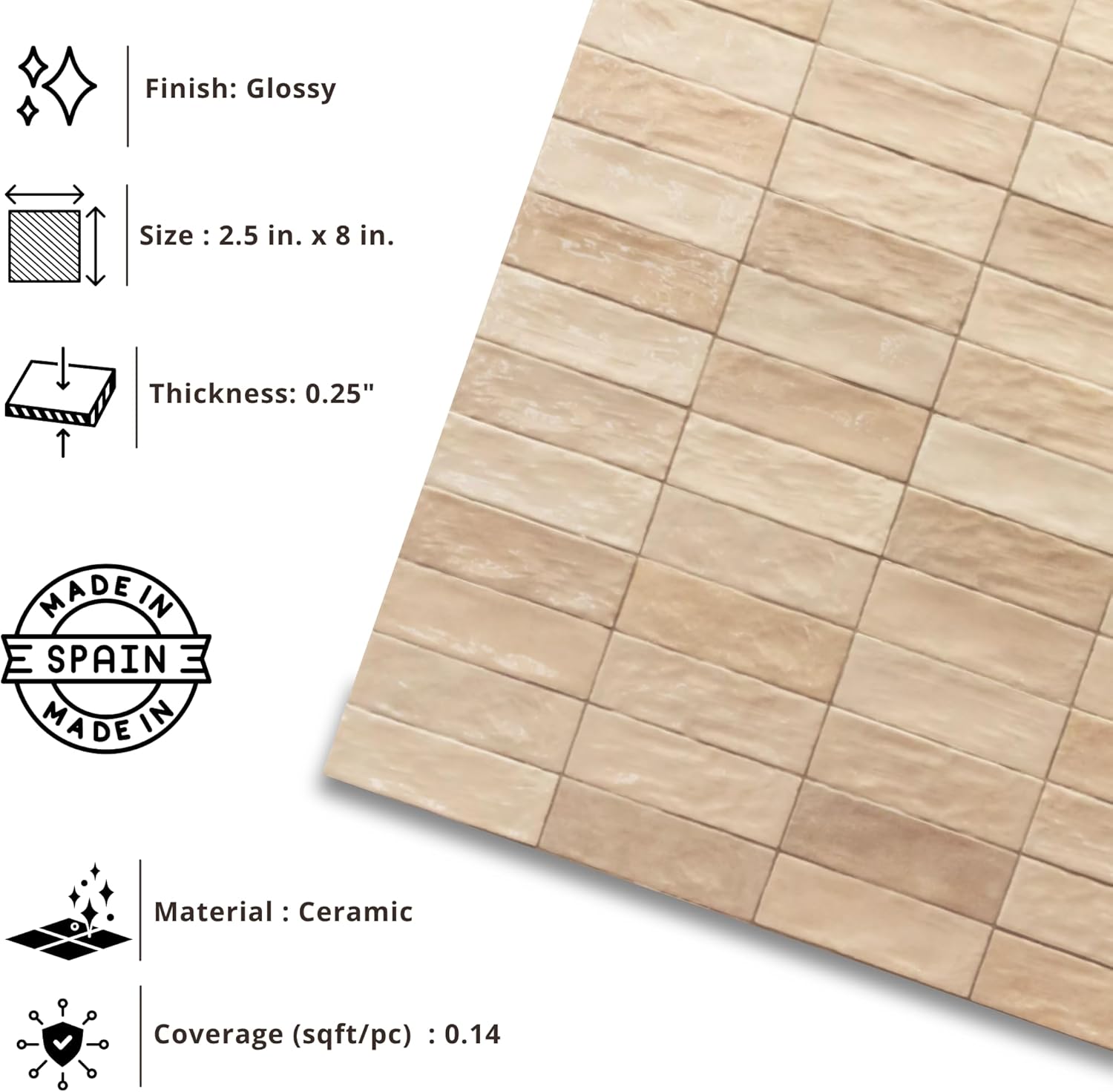 Tenedos HTCFD 2.5x8 Glossy Handmade Look Ceramic Wall Tile – Spanish Zellige Style Subway Tile for Kitchen Backsplash, Bathroom, and Fireplace (1 Box, 38 Pieces, 5.32 Sqft Coverage)