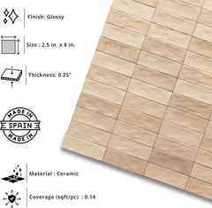 Tenedos HTCFD 2.5x8 Glossy Handmade Look Ceramic Wall Tile – Spanish Zellige Style Subway Tile for Kitchen Backsplash, Bathroom, and Fireplace (1 Box, 38 Pieces, 5.32 Sqft Coverage)