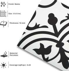Tenedos Noir Vine 8" x 8" Black and White Matte Porcelain Tile for Floor and Wall, Spanish Decorative Pattern, Indoor Outdoor Use