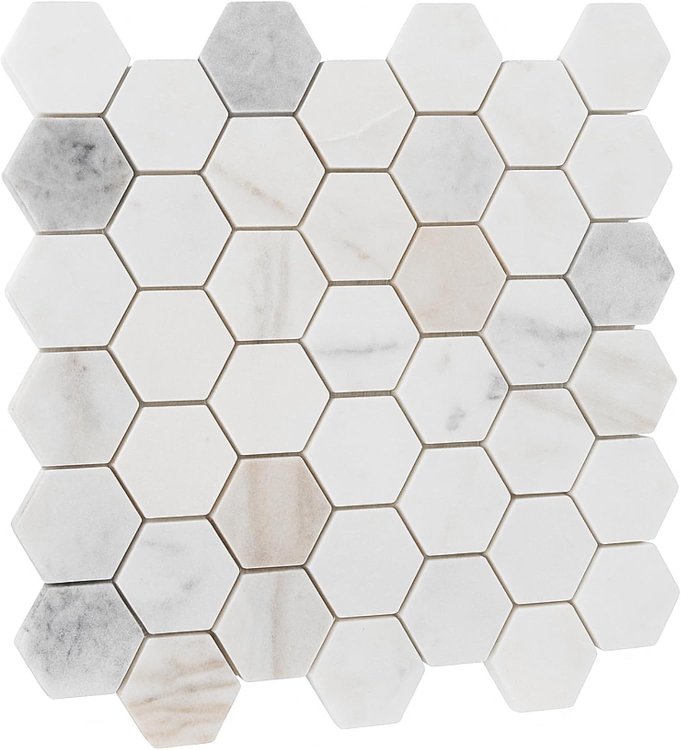 Tenedos Bianco Orion Hexagon Polished Marble Mosaic Tile 2" Natural Stone 12x12 Sheet for Bathroom Kitchen Wall and Floor Decoration – Elegant White with Subtle Gray and Gold Veins (5 Sheets)