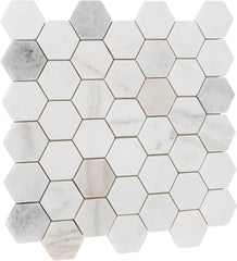 Tenedos Bianco Orion Hexagon Polished Marble Mosaic Tile 2" Natural Stone 12x12 Sheet for Bathroom Kitchen Wall and Floor Decoration – Elegant White with Subtle Gray and Gold Veins (5 Sheets)