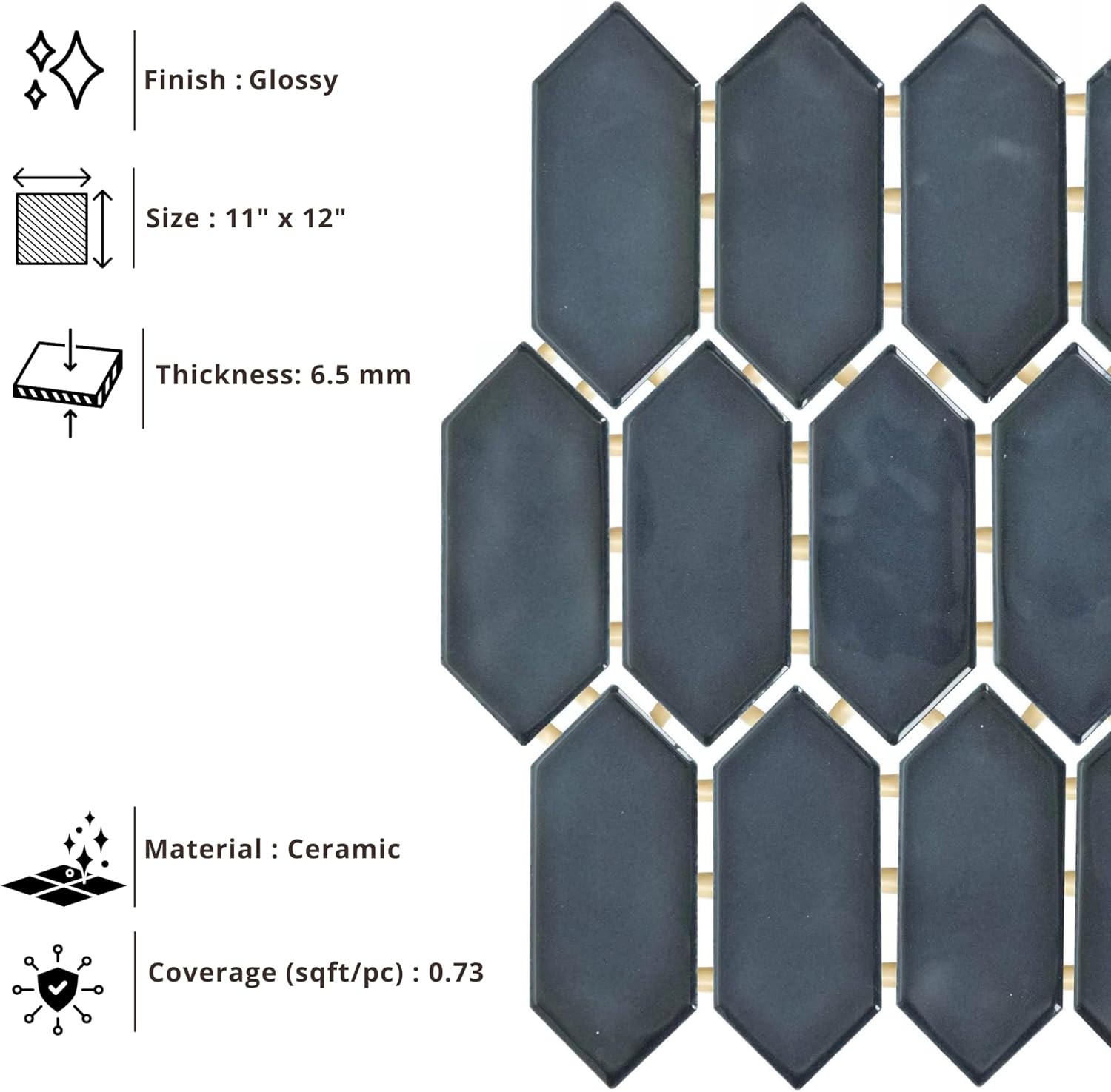 Tenedos HTCFD Blue Elongated Hexagon Glossy Ceramic Mosaic Tile, High-Gloss Pressed Edge Mesh-Mounted Wall Tile for Backsplash, Shower Walls and Fireplace Surrounds