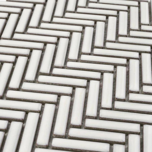Tenedos HTCRC Antique White Porcelain Herringbone Mosaic Tile Glossy Finish for Bathroom, Kitchen Backsplash, Shower Walls, Laundry Room & Indoor Use