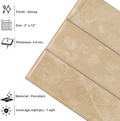 Tenedos HTCRC  3x12 Glossy Porcelain Subway Tile – Stone Look Wall Tile for Kitchen Backsplash, Bathroom & Shower Walls