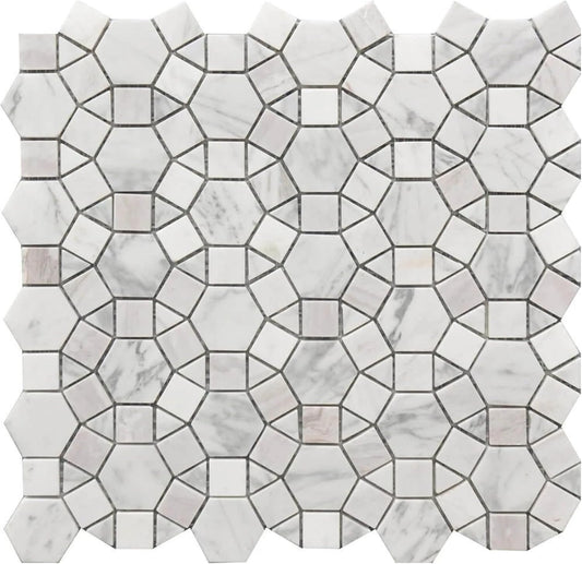 Tenedos HTCRC Carrara Kaleidoscope Marble Mosaic Tile 12x12 – Polished Natural Stone Mesh-Mounted Wall Mosaic