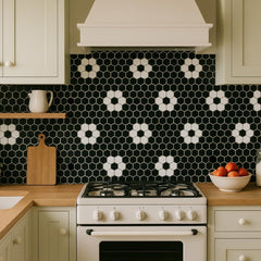 Tenedos Hexagon Glossy Black and White Flower Porcelain Mosaic Tile – Kitchen Backsplash, Bathroom Wall & Shower Floor Tile