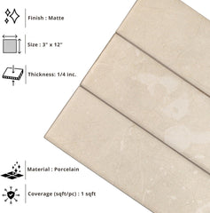 Tenedos HTCRC  Marble Look Matte Porcelain Tile – 3x12 Inch Subway Wall & Kitchen Backsplash